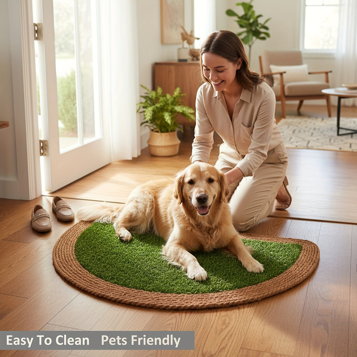 Tapis de porte en herbe artificielle, bordure tressée bohème