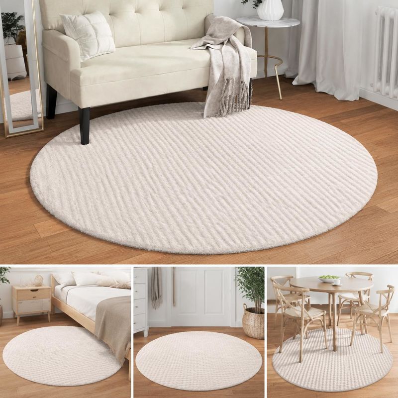 Tapis rond crème de 120 cm à fines rayures diagonales tissées