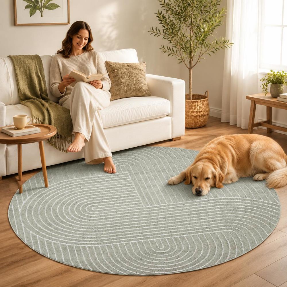 Tapis rond vert sauge 120 cm à arches sculptées en relief