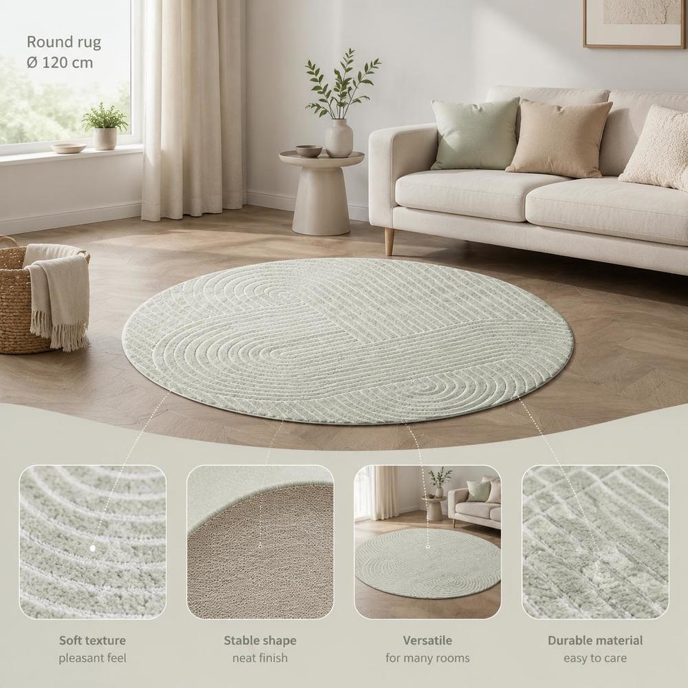 Tapis rond vert sauge 120 cm à arches sculptées en relief