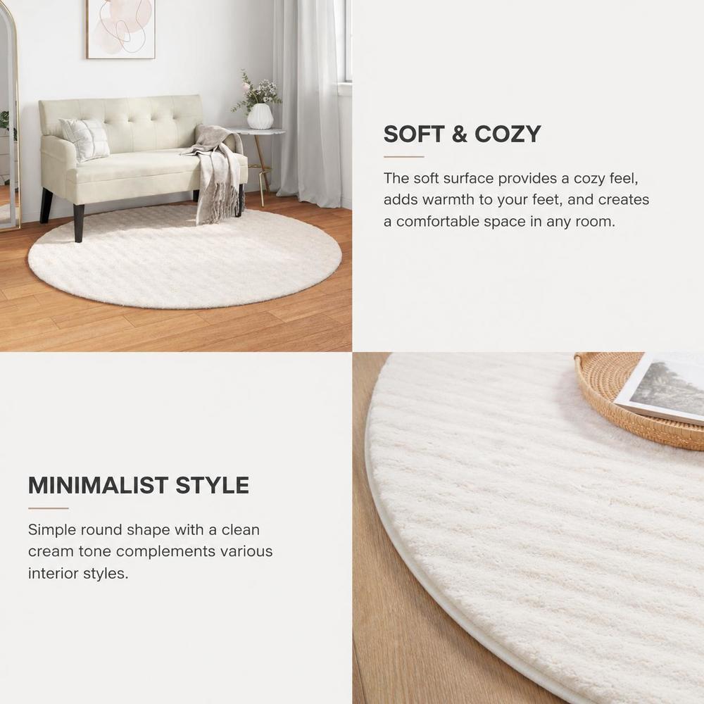 Tapis rond crème 160 cm à surface texturée, style épuré