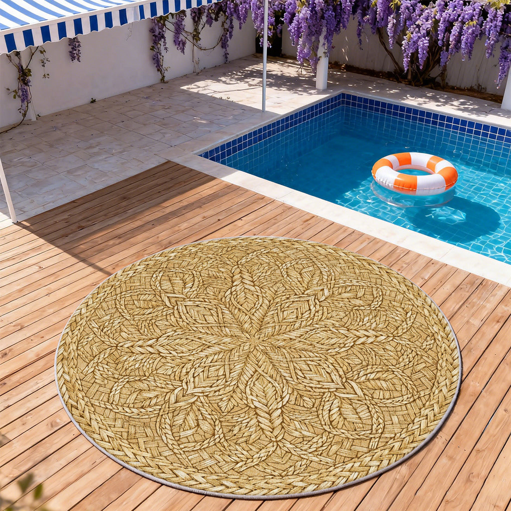 Tapis rond Ø 200 cm à feuillage tressé, blond chaud imprimé
