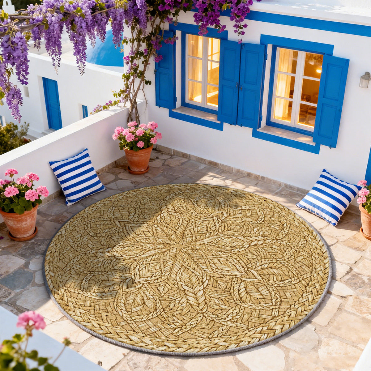 Tapis rond Ø 200 cm à feuillage tressé, blond chaud imprimé