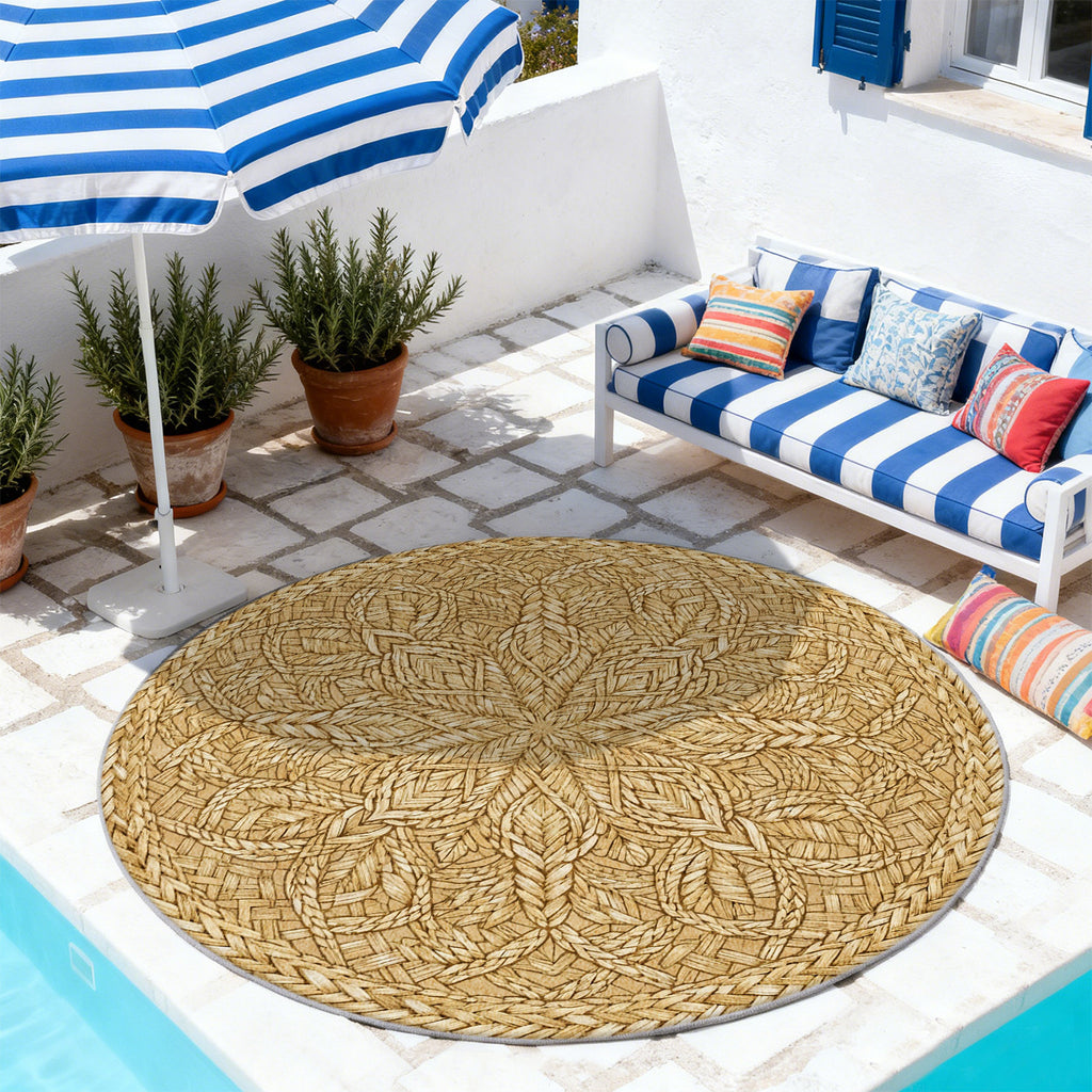 Tapis rond Ø 200 cm à feuillage tressé, blond chaud imprimé