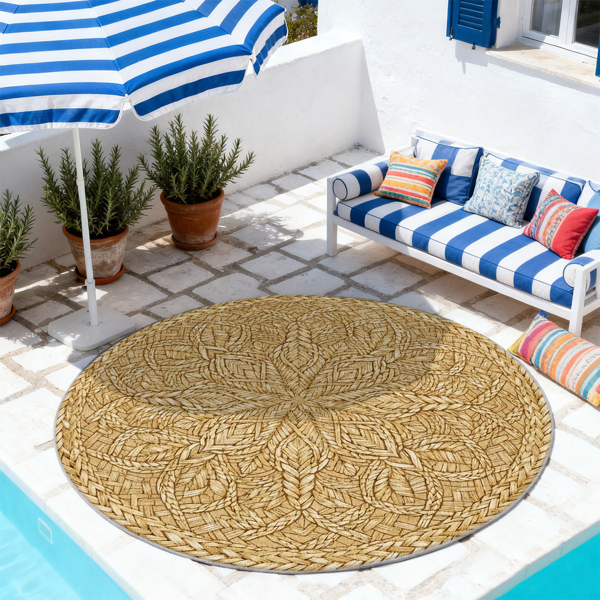 Tapis rond Ø 200 cm à feuillage tressé, blond chaud imprimé