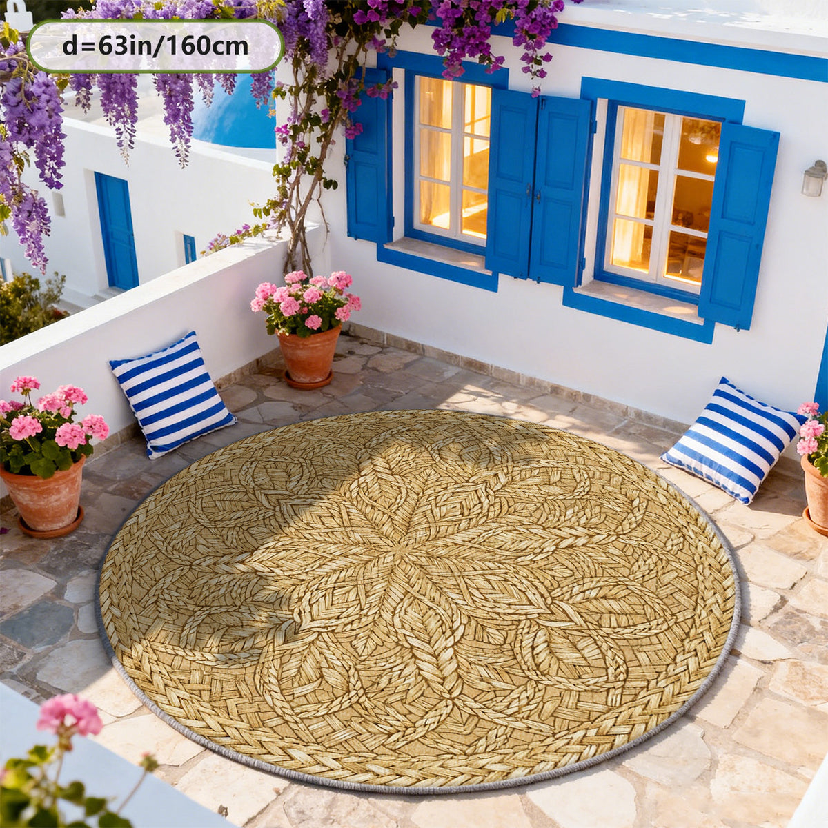 Tapis rond Ø 200 cm à feuillage tressé, blond chaud imprimé