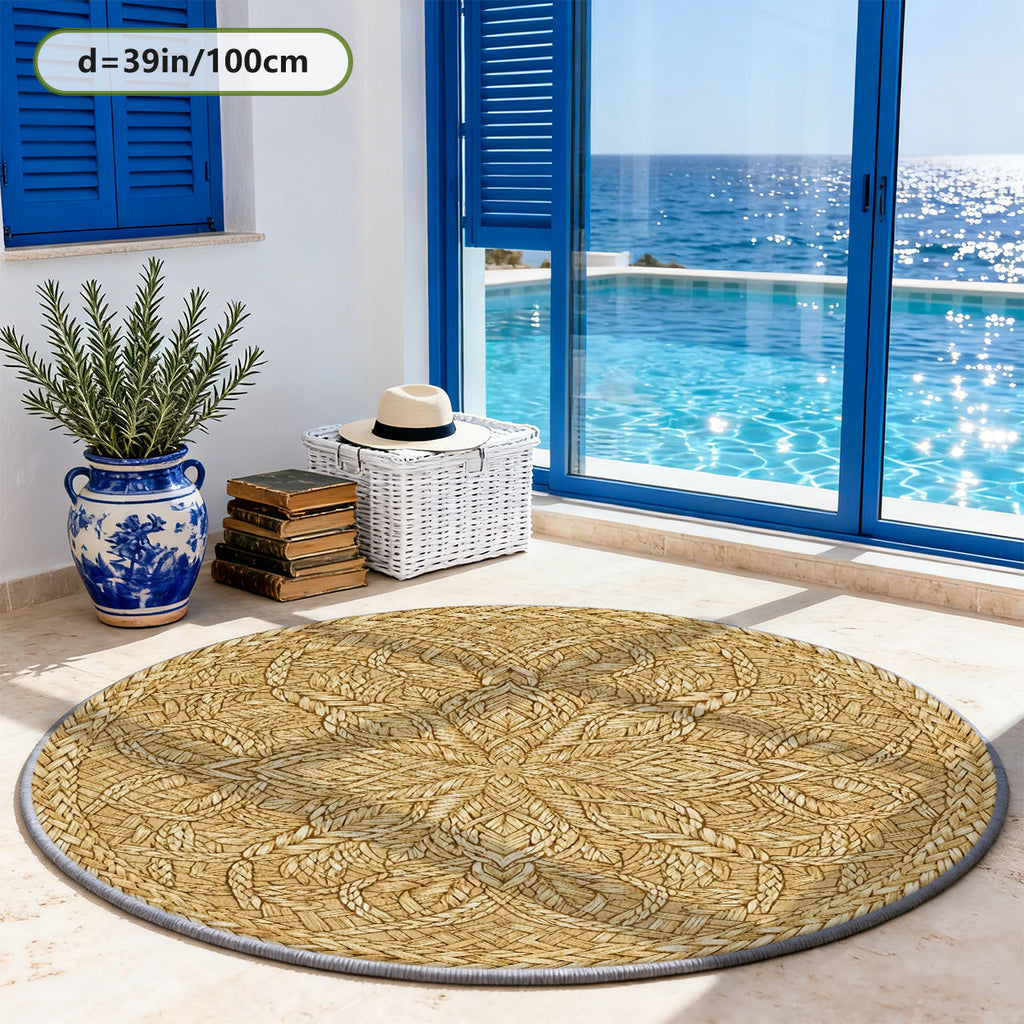 Tapis rond Ø 200 cm à feuillage tressé, blond chaud imprimé