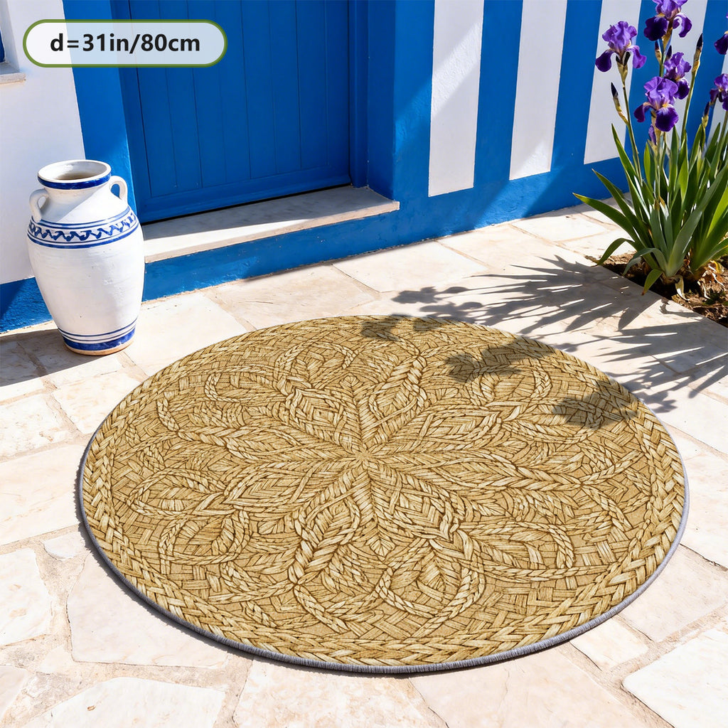 Tapis rond Ø 200 cm à feuillage tressé, blond chaud imprimé