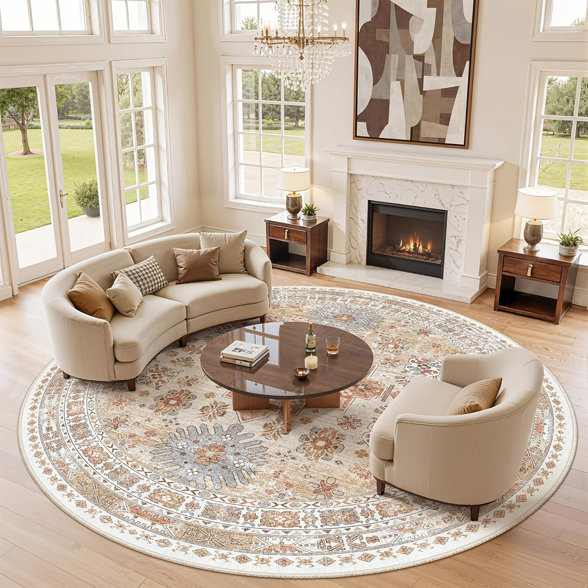 Tapis rond 300 cm à médaillon oriental, beige et terracotta
