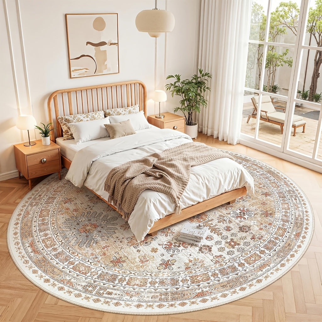 Tapis rond 300 cm à médaillon oriental, beige et terracotta