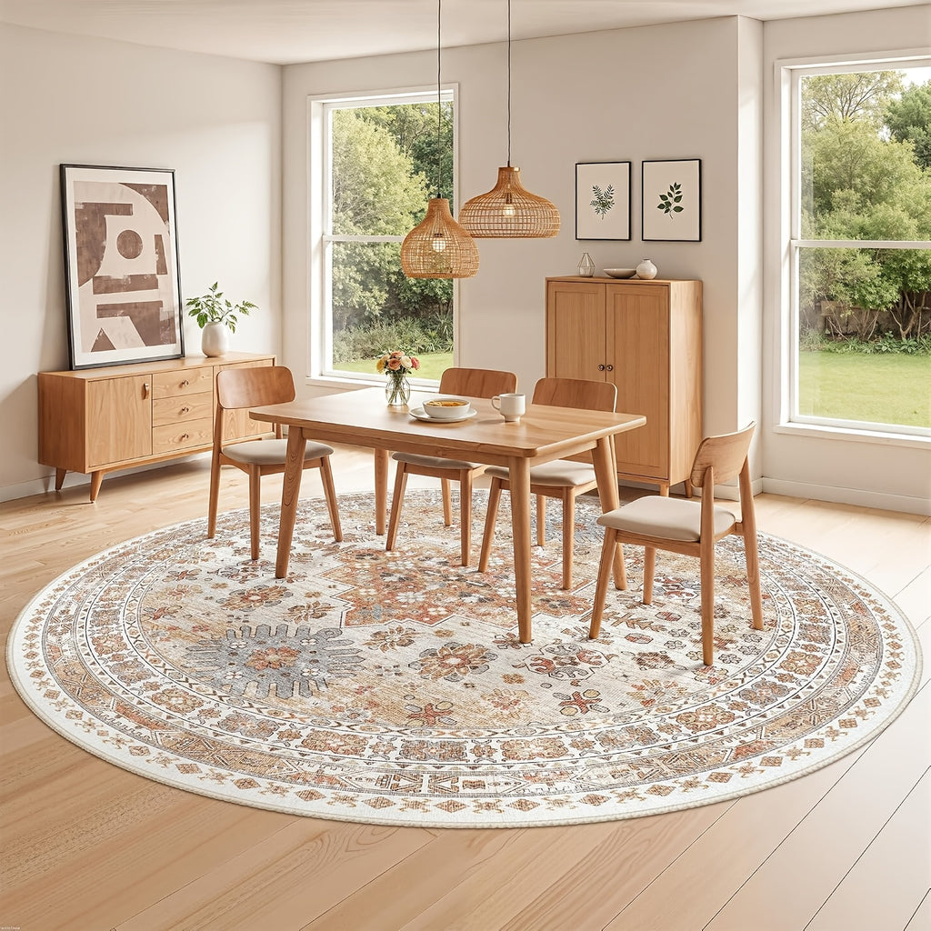 Tapis rond 300 cm à médaillon oriental, beige et terracotta