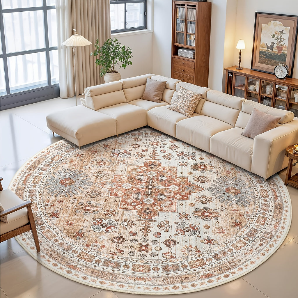 Tapis rond 300 cm à médaillon oriental, beige et terracotta