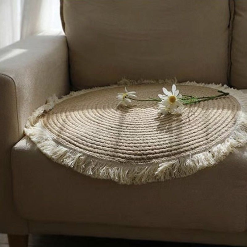 Tapis rond 80 cm en jute et coton, finition à franges écrues