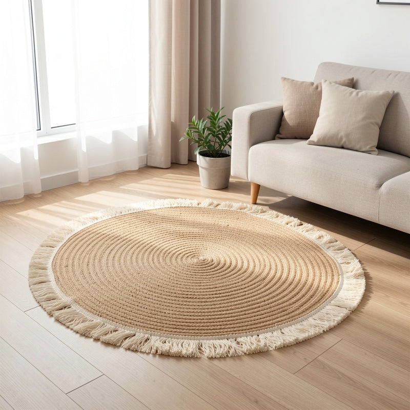 Tapis rond 80 cm en jute et coton, finition à franges écrues
