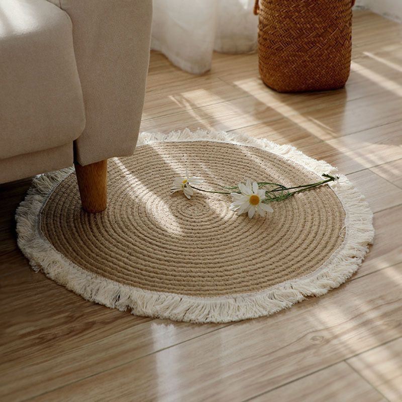 Tapis rond 80 cm en jute et coton, finition à franges écrues