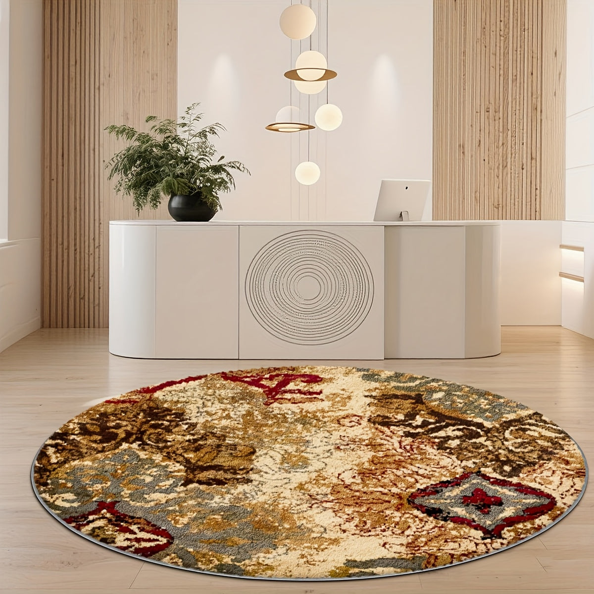 Tapis rond abstrait délavé ocre et gris ardoise, Ø 160 cm