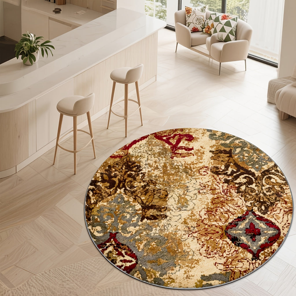 Tapis rond abstrait délavé ocre et gris ardoise, Ø 160 cm