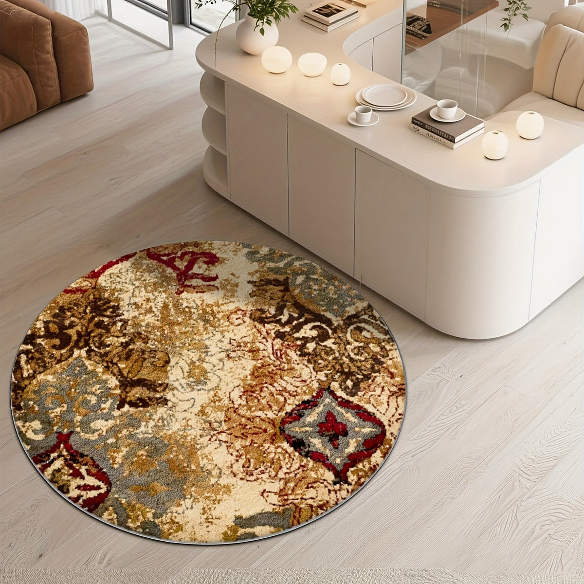 Tapis rond abstrait délavé ocre et gris ardoise, Ø 160 cm