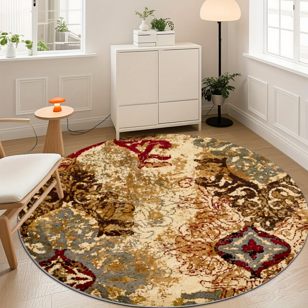 Tapis rond abstrait délavé ocre et gris ardoise, Ø 160 cm