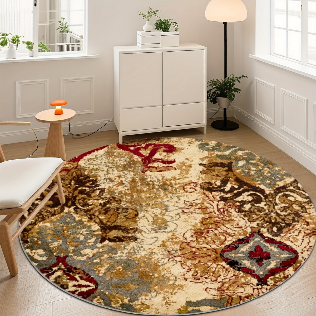 Tapis rond abstrait délavé ocre et gris ardoise, Ø 160 cm