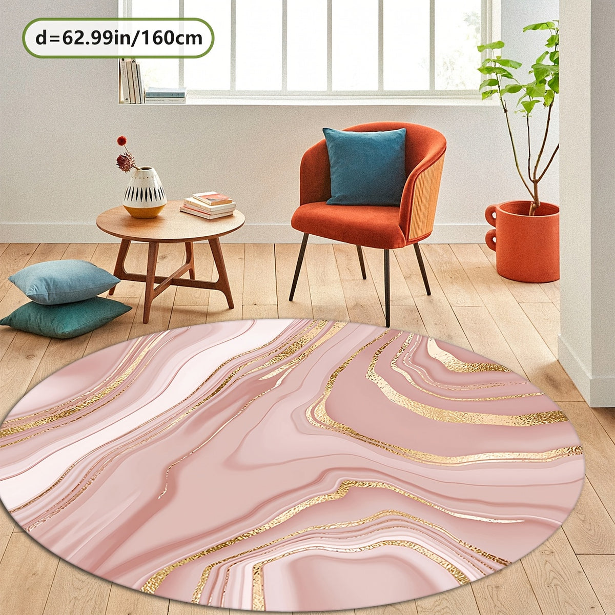 Tapis rond agate rose pâle à filets dorés, Ø 80 et Ø 100 cm