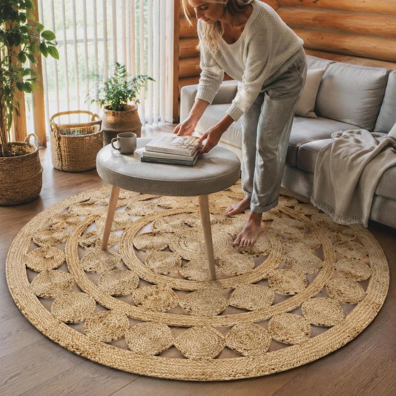 Tapis rond ajouré de 90 cm, grand mandala de losanges tressés