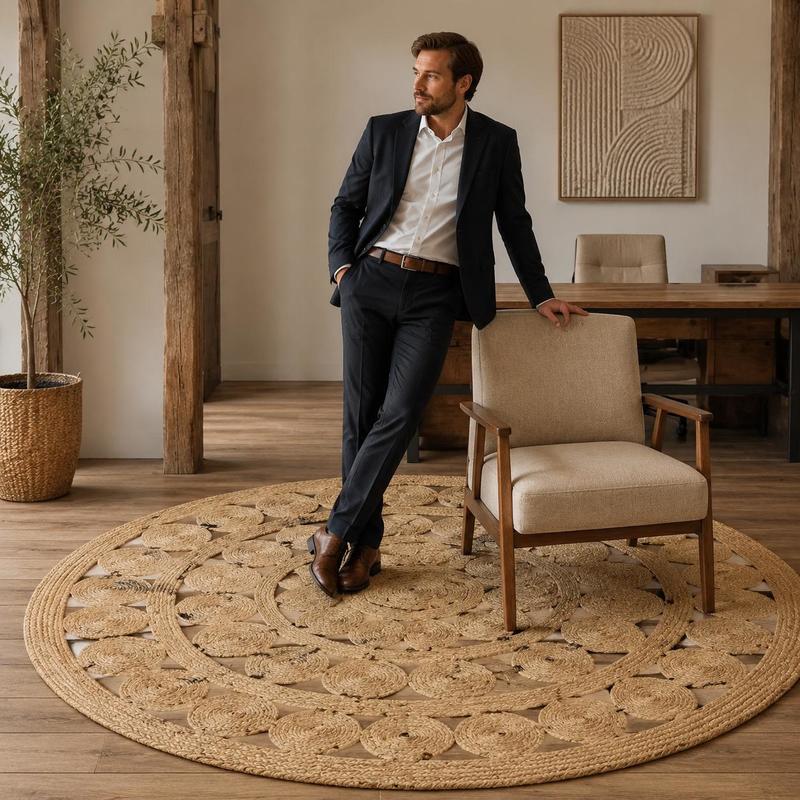 Tapis rond ajouré de 90 cm, grand mandala de losanges tressés