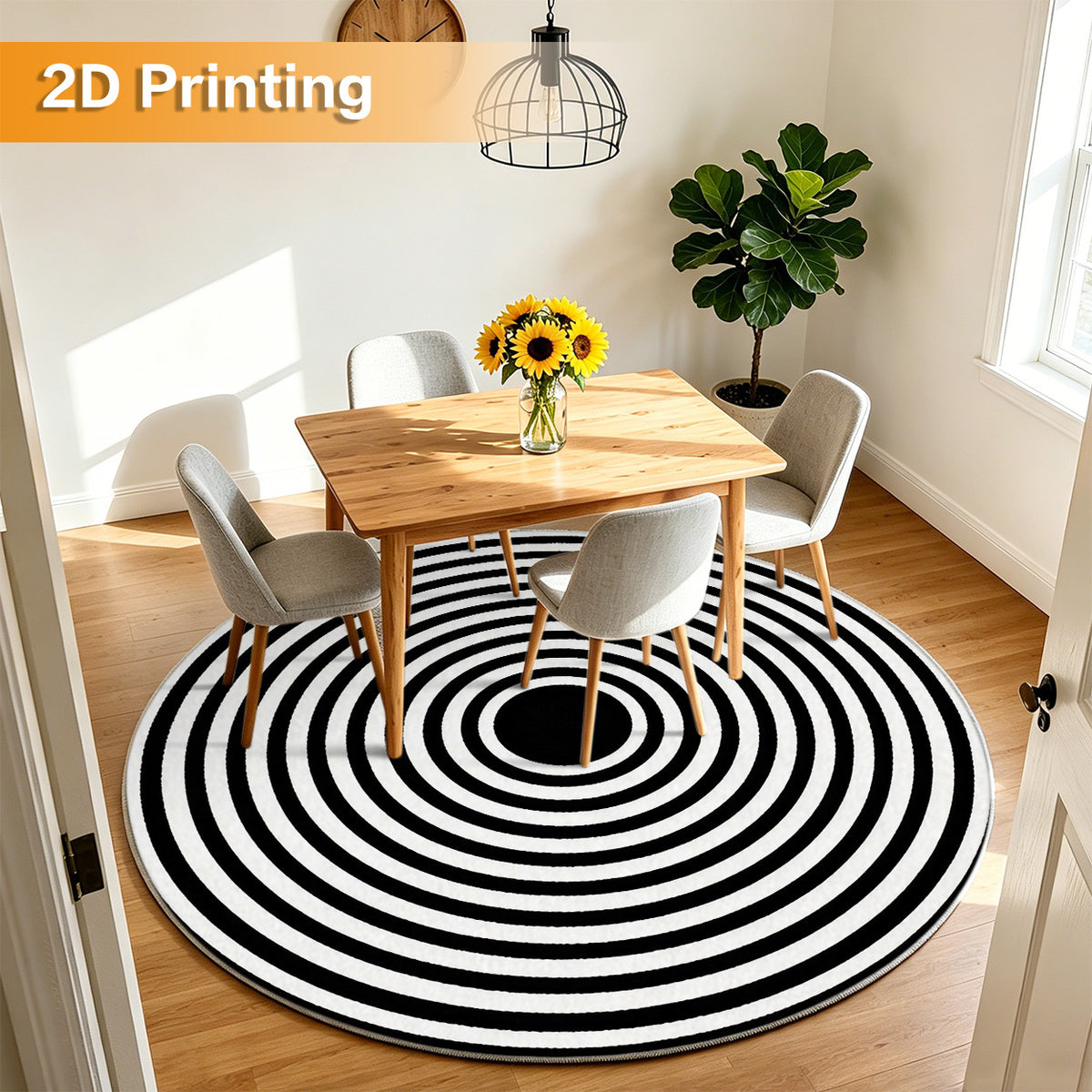Tapis rond à cercles concentriques noir et blanc, Ø 100-200