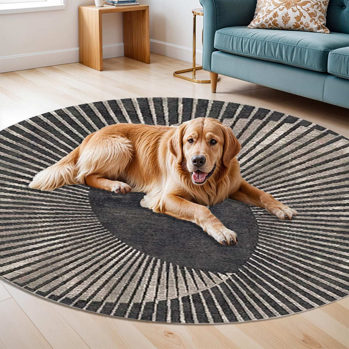 Tapis rond anthracite à rayons Art déco, un seul Ø 120 cm