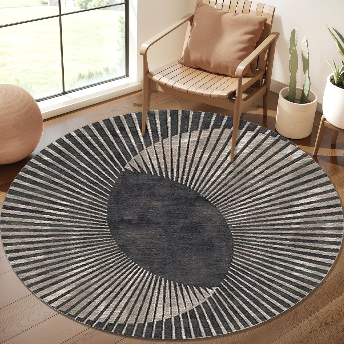 Tapis rond anthracite à rayons Art déco, un seul Ø 120 cm