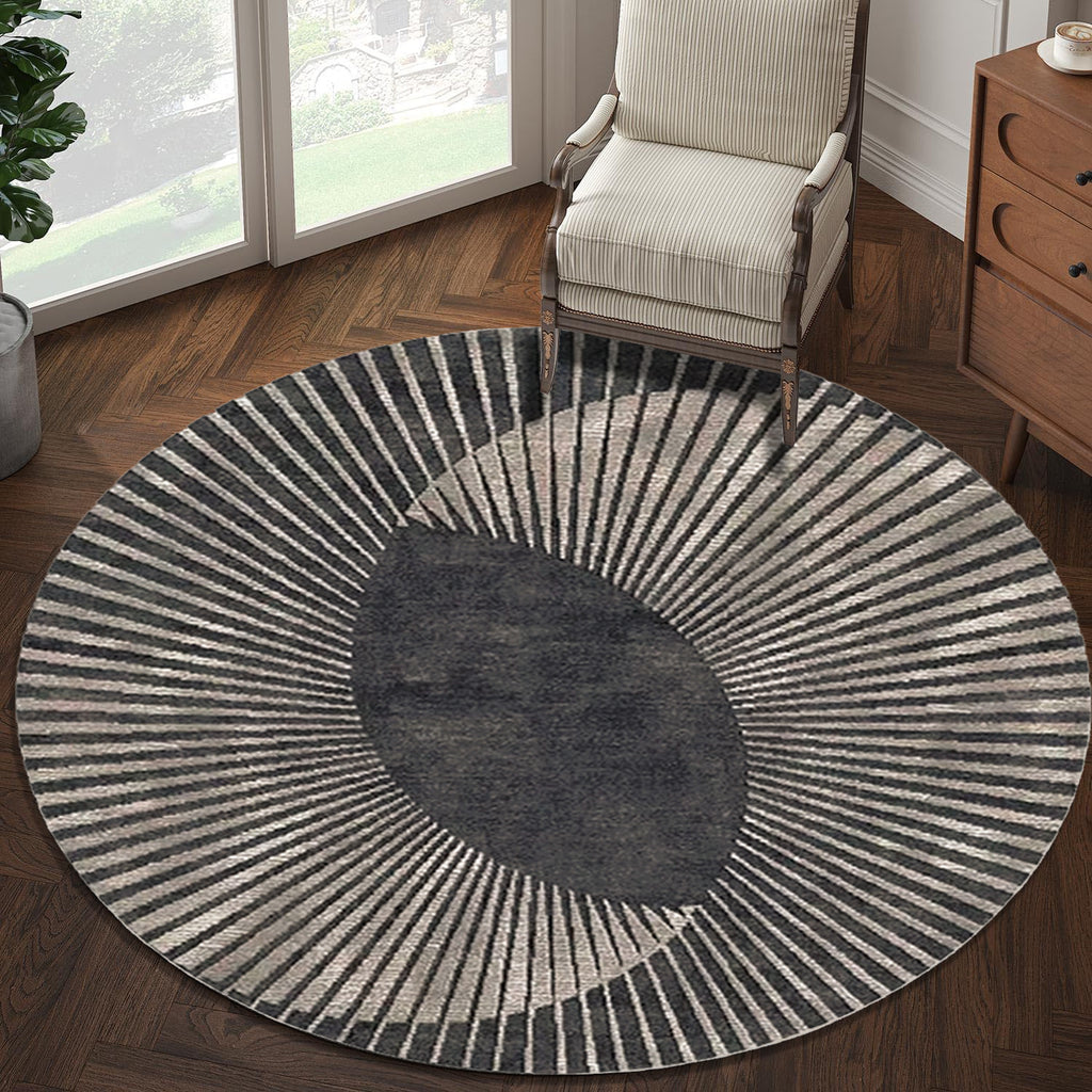 Tapis rond anthracite à rayons Art déco, un seul Ø 120 cm