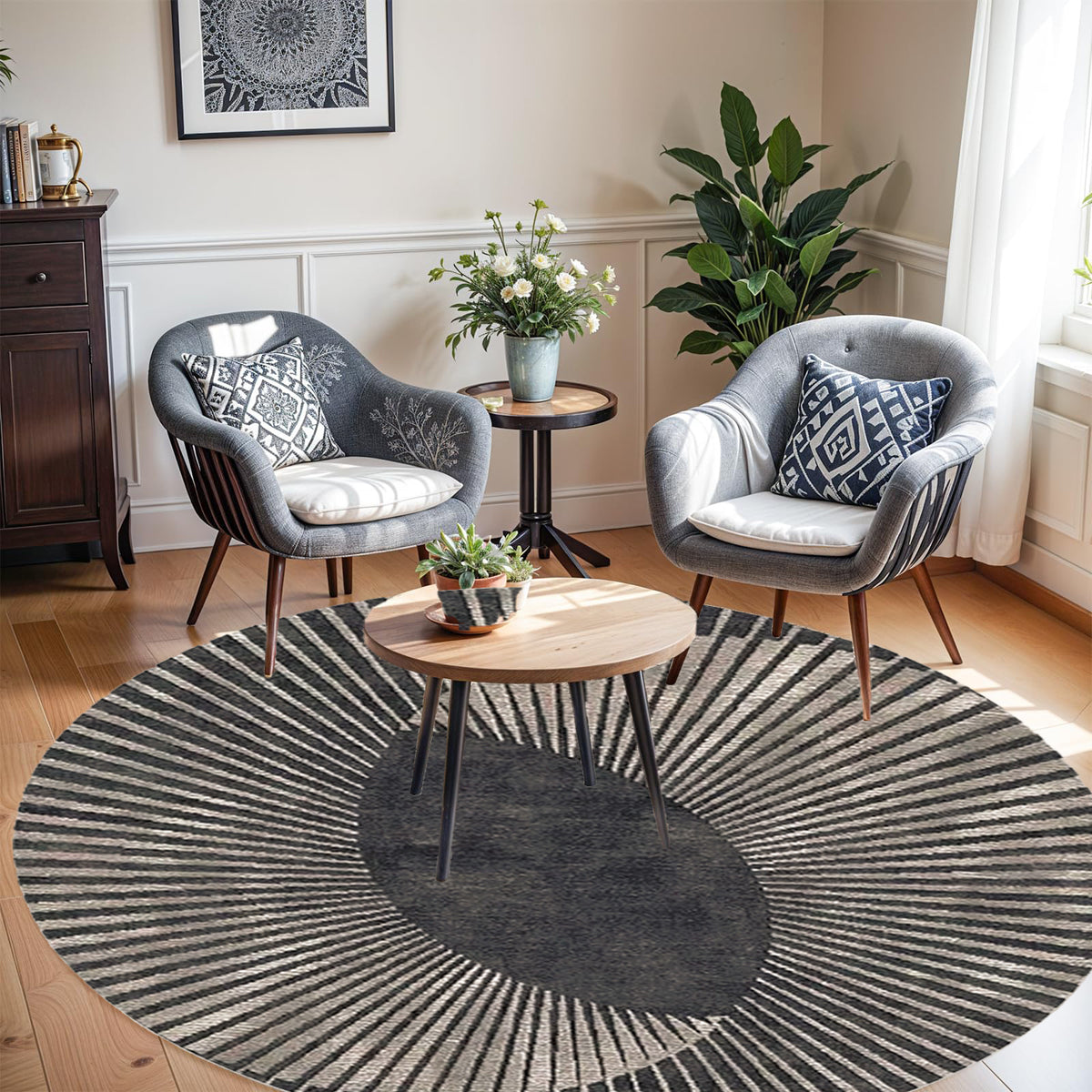 Tapis rond anthracite à rayons Art déco, un seul Ø 120 cm