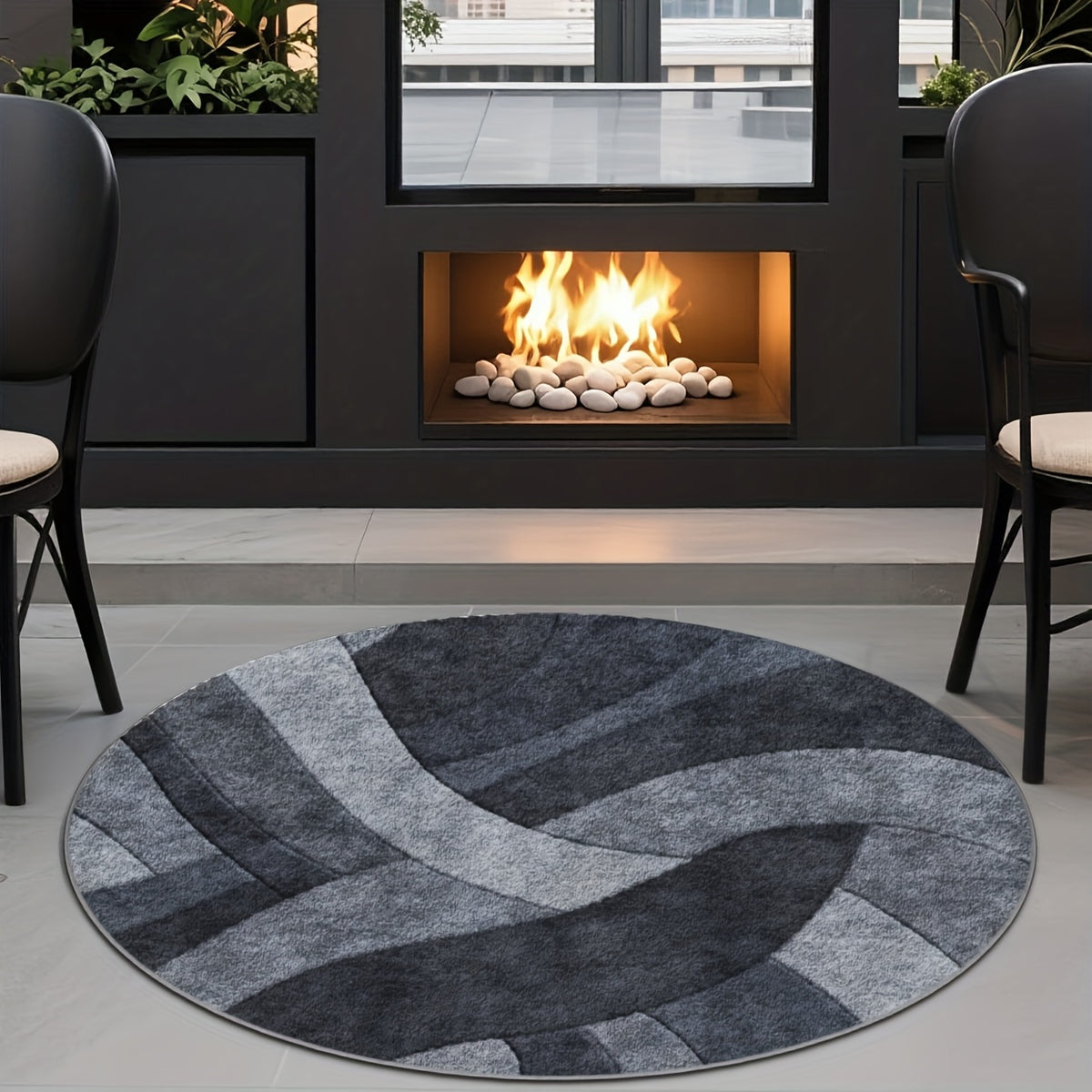 Tapis rond anthracite à vagues grises, un seul Ø 200 cm