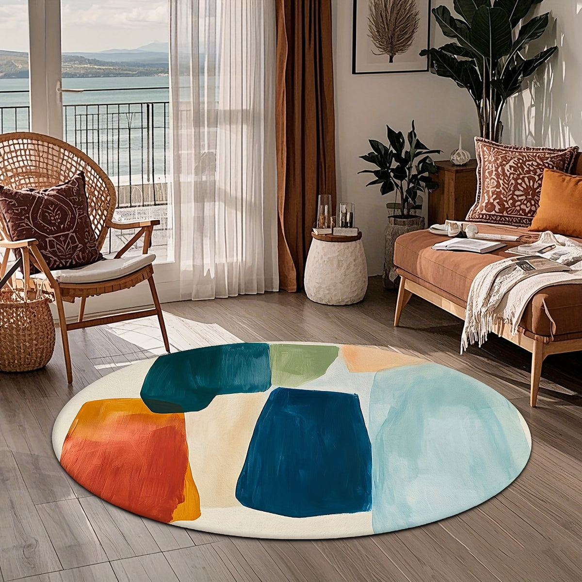 Tapis rond à aplats peints, bleu canard, orange et sauge