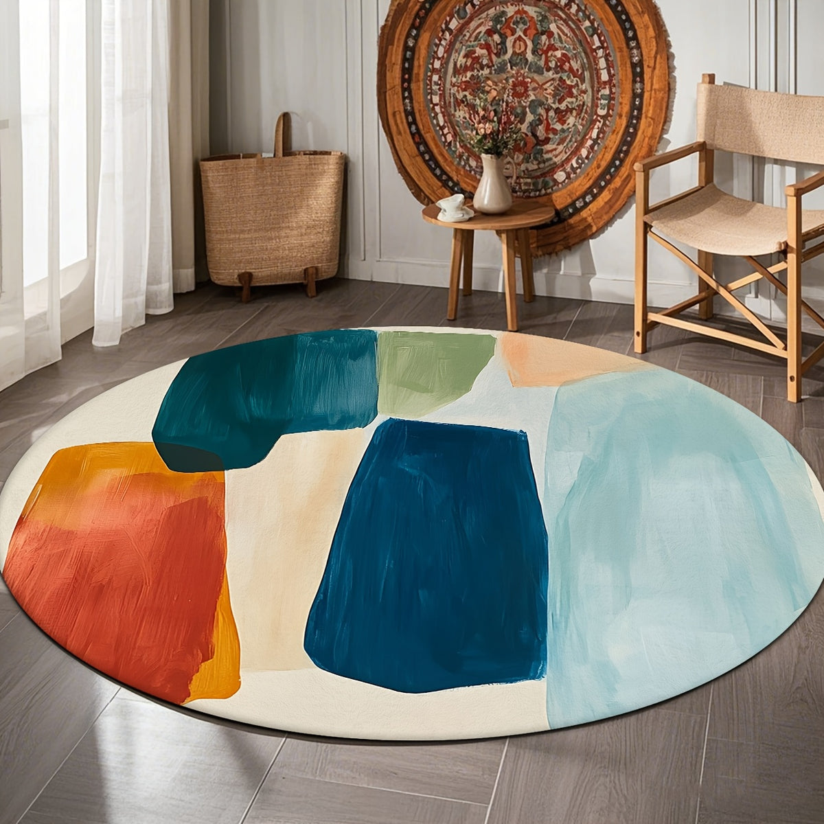 Tapis rond à aplats peints, bleu canard, orange et sauge