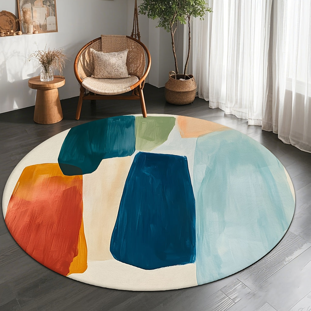 Tapis rond à aplats peints, bleu canard, orange et sauge