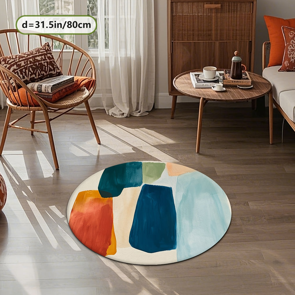 Tapis rond à aplats peints, bleu canard, orange et sauge
