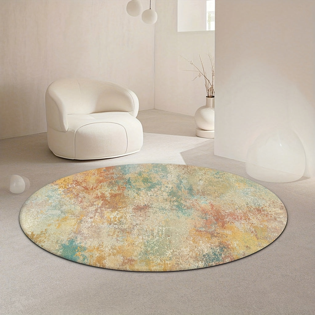 Tapis rond aquarelle ocre, rouille et turquoise, Ø 80 à 200