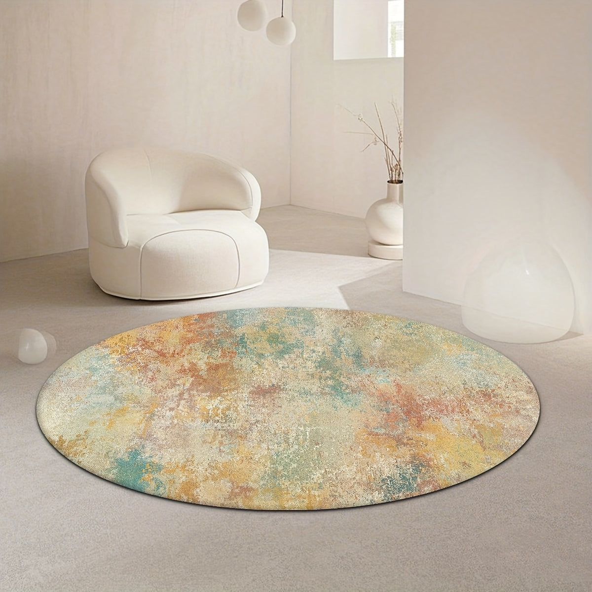 Tapis rond aquarelle ocre, rouille et turquoise, Ø 80 à 200