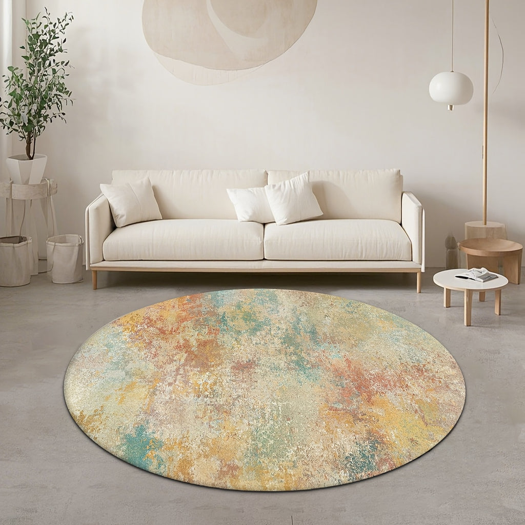 Tapis rond aquarelle ocre, rouille et turquoise, Ø 80 à 200