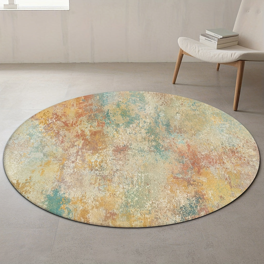Tapis rond aquarelle ocre, rouille et turquoise, Ø 80 à 200
