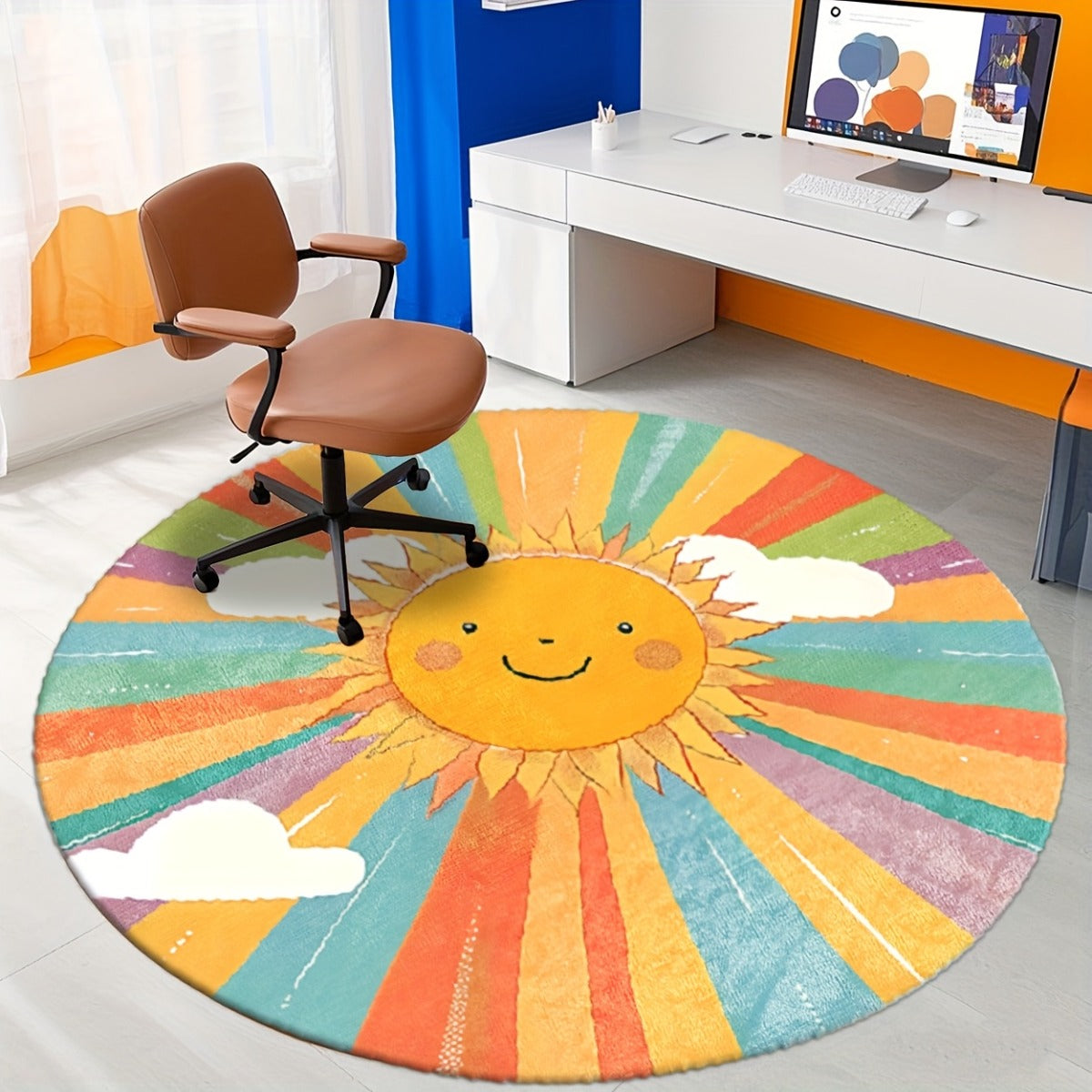 Tapis rond aquarelle à soleil souriant et rayons colorés