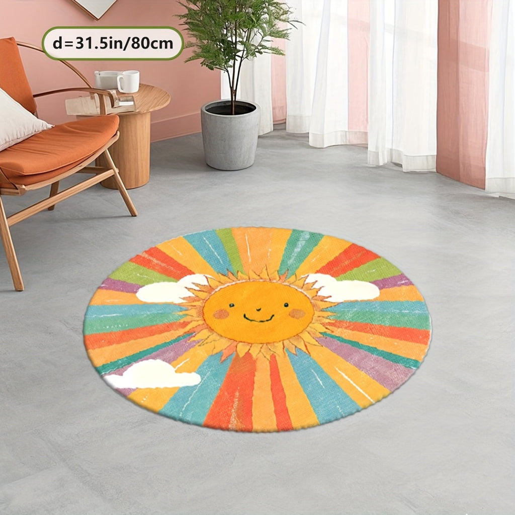 Tapis rond aquarelle à soleil souriant et rayons colorés