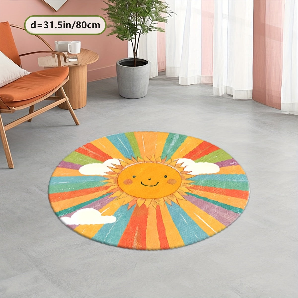 Tapis rond aquarelle à soleil souriant et rayons colorés
