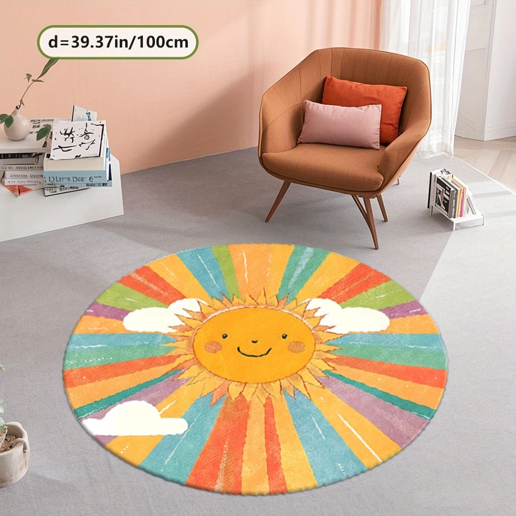 Tapis rond aquarelle à soleil souriant et rayons colorés