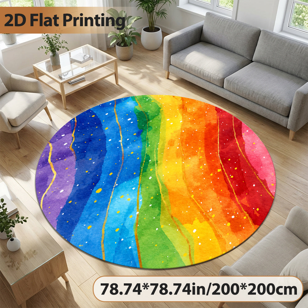 Tapis rond aquarelle saturée à veines dorées, Ø 100 ou 140