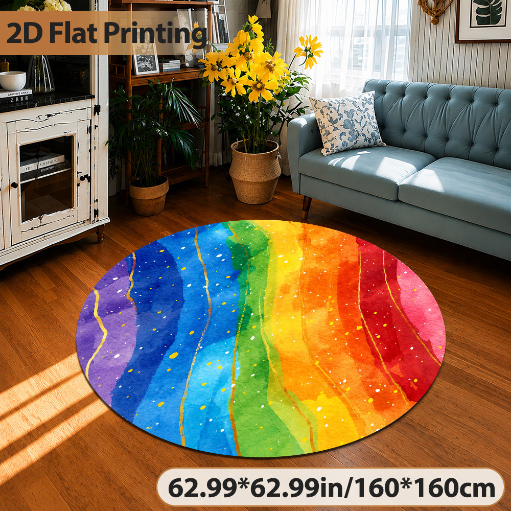 Tapis rond aquarelle saturée à veines dorées, Ø 100 ou 140