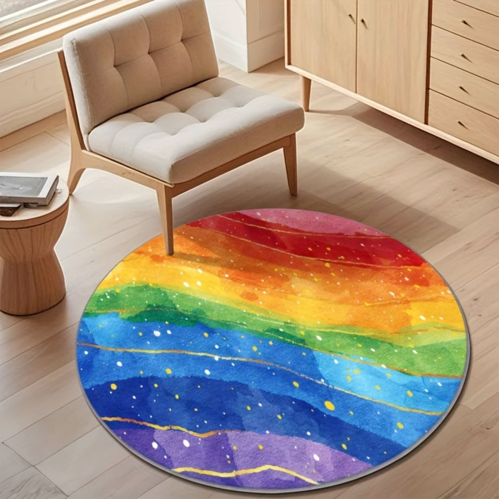 Tapis rond arc-en-ciel aquarellé veiné de lignes dorées