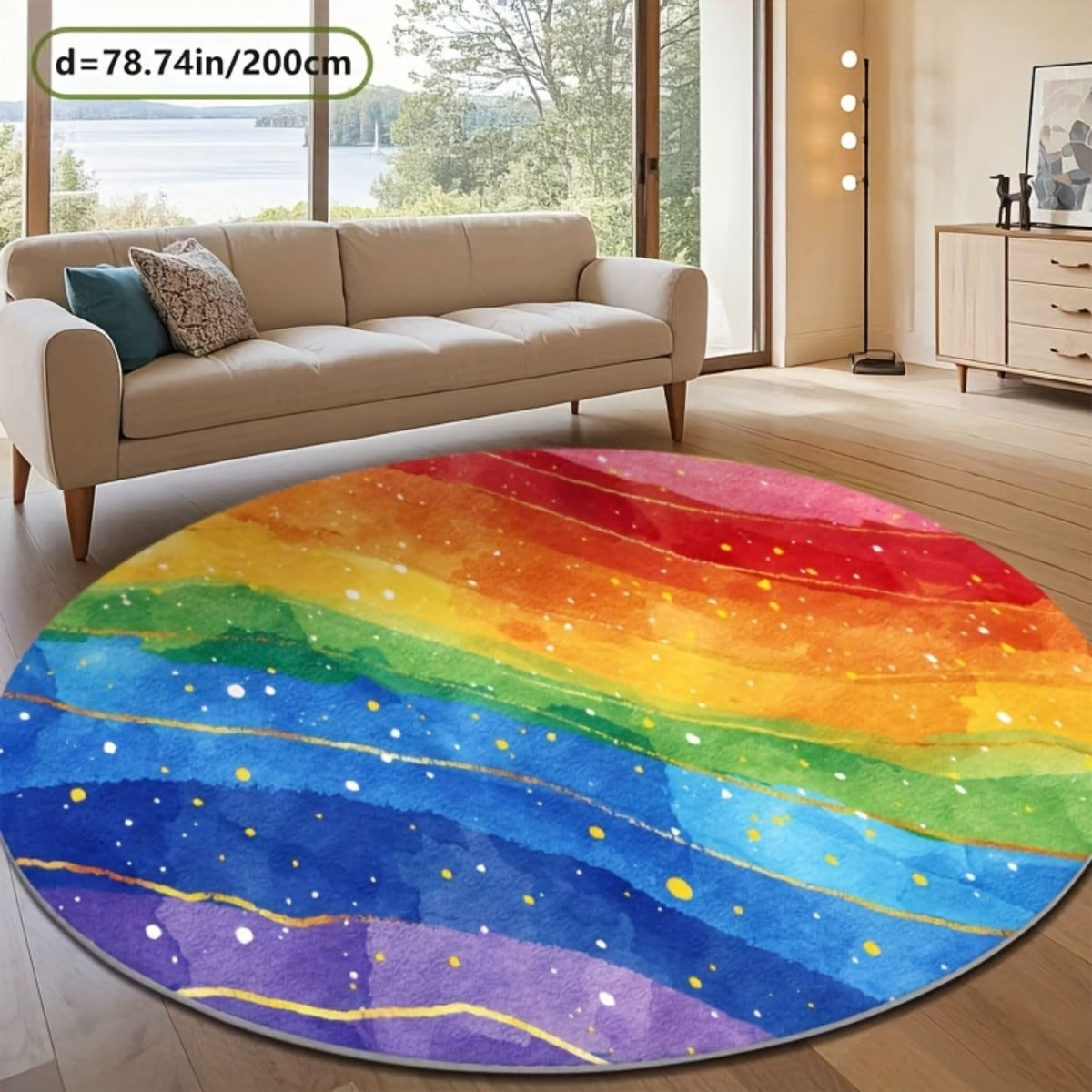 Tapis rond arc-en-ciel aquarellé veiné de lignes dorées