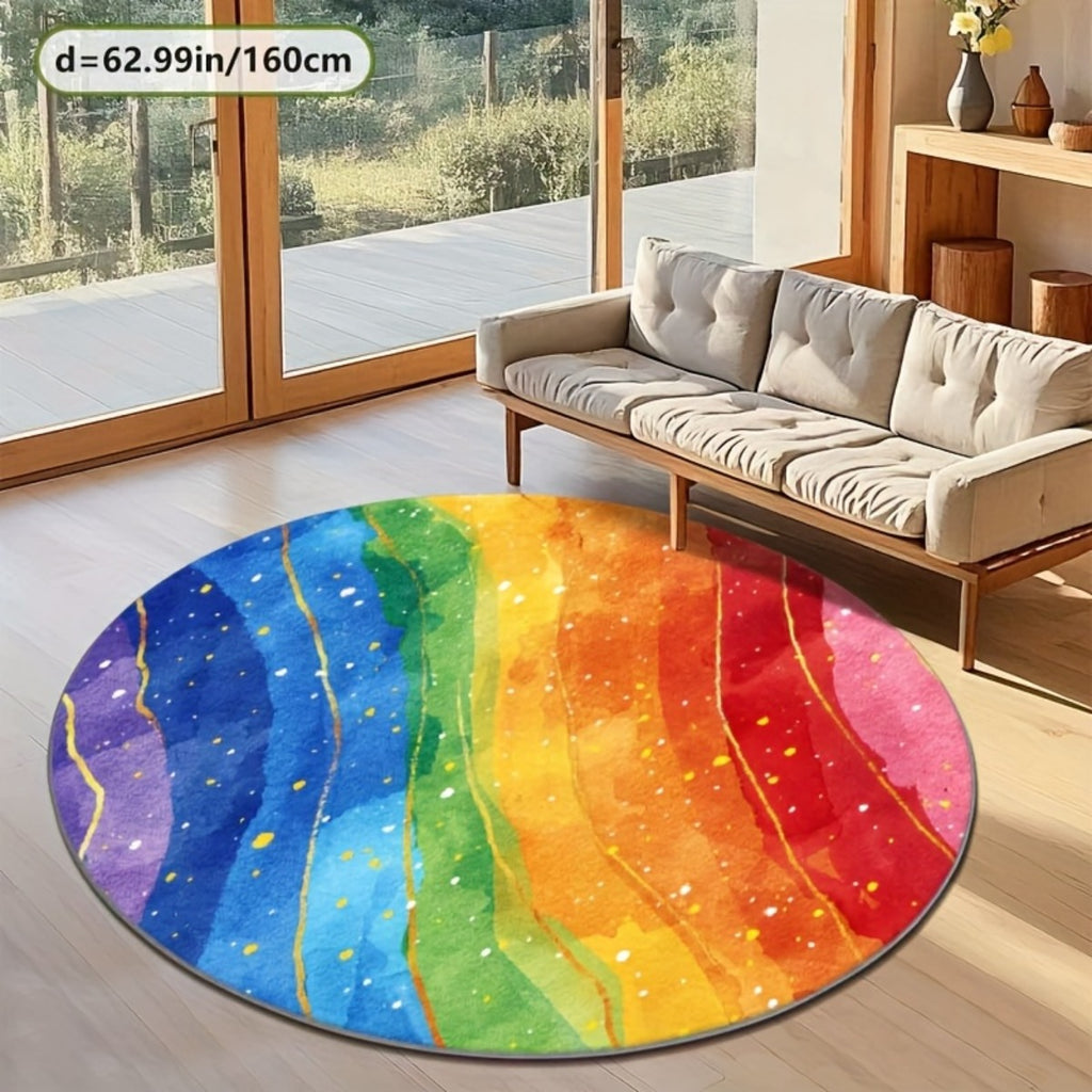 Tapis rond arc-en-ciel aquarellé veiné de lignes dorées